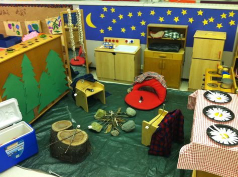 The gr.7's at our school left for camp so we made our own dramatic play campsite in Kindergarten this week! Great dramatic play theme for the end of the year! Preschool Dramatic Play, Camping Dramatic Play, Woodland Classroom, Camping Preschool, Dramatic Play Activities, Camping Theme Preschool, Dramatic Play Themes, Camping Classroom, Library Crafts