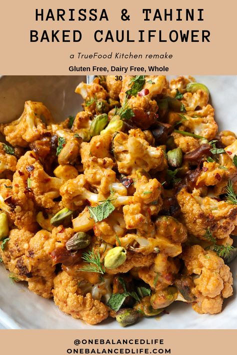 Gluten Free Dairy Free Cauliflower Recipes, True Food Cauliflower Recipe, True Foods Cauliflower, Tri Color Cauliflower Recipes, Cauliflower With Tahini, Erewhon Recipes, True Food Kitchen Recipes, Roasted Cauliflower Indian, Cauliflower Tahini Pomegranate