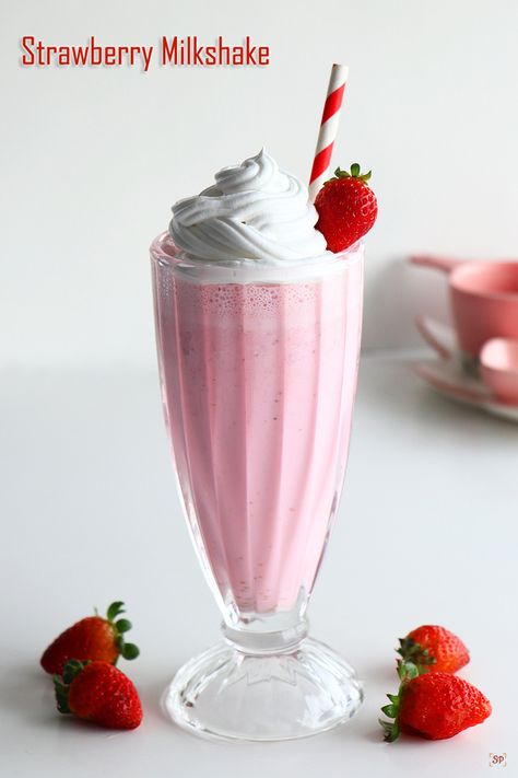 Strawberry Milkshake Recipe Strawberry Milkshake Photography, Strawberry Ice Cream Shake, Strawberry Milkshake Aesthetic, Milkshake Photography, Roasted Makhana Recipe, Sweet Pongal Recipe, Makhana Recipe, Strawberry Milkshake Recipe, Milkshake Ideas