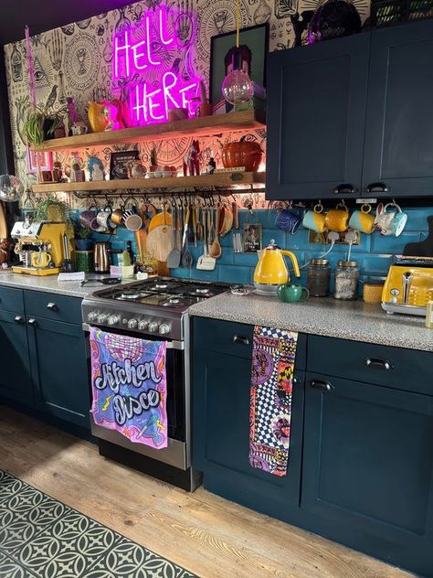 Maximalist Design and Decor | Facebook Edgy Maximalist Decor, Neon Kitchen, Kitchen Neon Sign Ideas, Maximalist Decor Kitchen, Neon Kitchen Aesthetic, Retro Maximalist Kitchen, Red Maximalist Kitchen, Maximalist Kitchen, Maximalist Design