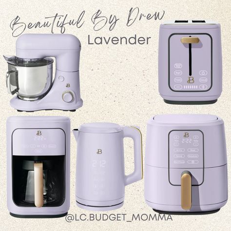 LAVENDER KITCHEN APPLIANCES BY DB! #kitchen #lavender #coffeemaker #airfryer #touchscreen #toaster #mixer #purple #kettle #walmart #walmartfinds #walmarthome #walmartshopping Lavender Themed Kitchen, Lavendar Kitchen, Touchscreen Toaster, Purple Toaster, Purple Pantry, Lavender Kitchen Decor, Purple Kitchen Appliances, Aura Points, Girly Kitchen