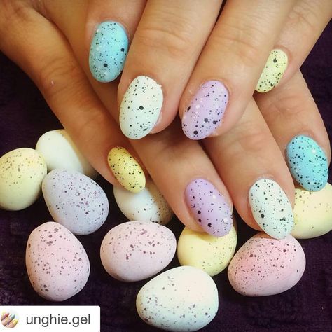 🐣🐇Easter nail art inspiration 🐇🐣 #cameocollege #nailart #gelnails #pastelnails #speckledeggs #easter #happyeaster #easternailart #springnails Mini Egg Nails Easter, Mini Eggs Nails, Easter Nails Shellac, Spring Gelish Nails, Easter Egg Nails Design, Easter Eggs Nails, Easter Egg Nails Designs Art, Easter Nails Design Spring Pretty Pastel, Shellac Spring Nails