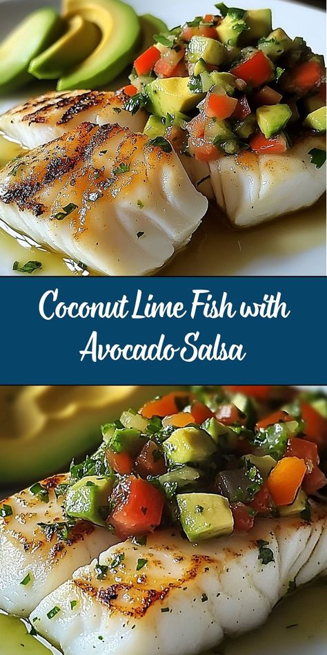 This Coconut Lime Fish with Avocado Salsa is a tropical-inspired dish featuring tender fish fillets marinated in coconut milk, lime, and spices, then pan-seared to perfection. Paired with a refreshing avocado salsa, it’s a light and flavorful meal perfect for any occasion. Fish With Coconut Rice, Non Dairy Pescatarian Recipes, Salsa For Fish Recipes, Fish Salsa Recipe, Opah Fish Recipes, Paleo Recipes Fish, Cuban Fish Recipes, Coconut Lime Fish With Avocado Salsa, Tropical Fish Recipes