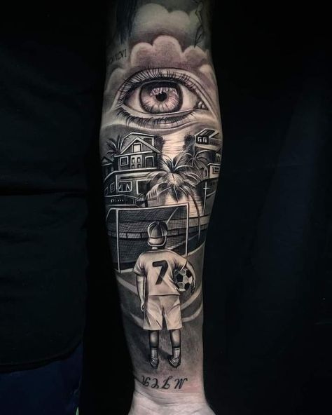 Sports Sleeve Tattoo, Football Tattoo Sleeve, Soccer Field Tattoo, Soccer Leg Tattoo, Football Tatoos Ideas, Soccer Tattoos For Men Leg, Football Tattoo Ideas For Men Leg, Soccer Tattoos Ideas, Sports Tattoos For Men Ideas