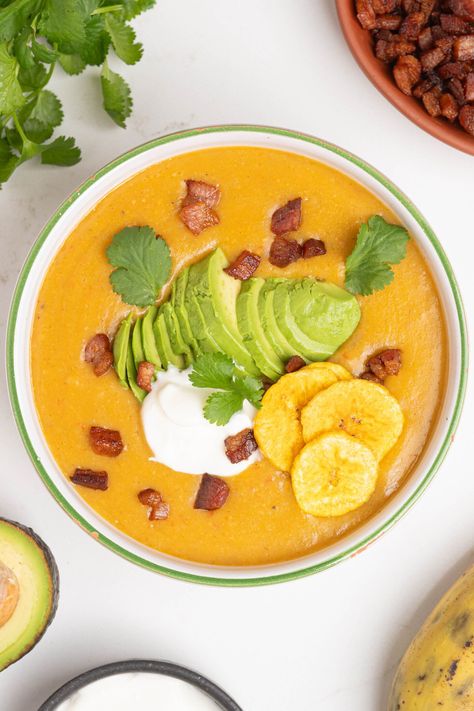 Sopa de Platano (Quick & Easy Plantain Soup) | Salima's Kitchen Puerto Rican Hot Sauce, Plantain Soup, Baked Plantain Chips, Puerto Rican Style, Cilantro Lime Sauce, Loaded Potato Soup, Cream Fresh, Plantain Chips, Salad Sauce