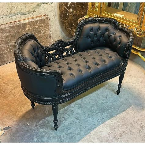 Beautiful black and black small bench. Can also be used as a vanity, in-front of a bed or piano chair. Stunning details. This is truly an accent piece. Elegance and comfort assured. Small Settee, Rococo Interior Design, Piano Chair, Vintage Furniture Antique, Rococo Interior, House Improvement, Goth Bedroom, Baroque Furniture, French Louis Xvi Style