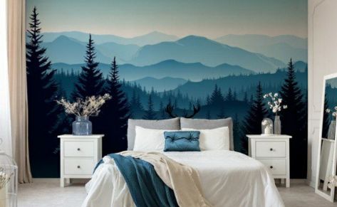 Mountain Bedroom, Blue Landscape, Cool Tree Houses, Misty Mountains, Kids Bedroom Inspiration, Nursery Room Design, Bedroom Murals, Wall Murals Painted, Wall Paint Designs