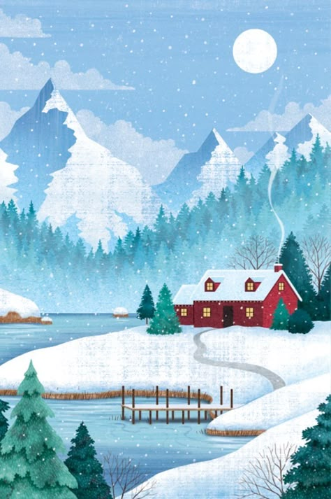 Snowy Scene Illustration, Winter Scene Illustration, Cute Winter Drawings, Winter Landscape Illustration, Scene Png, Winter Drawing, Italy Winter, Winter Art Projects, Xmas Wallpaper