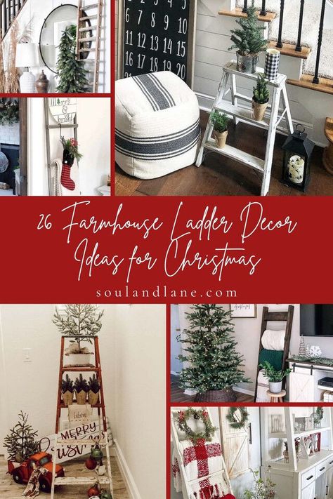 Elevate your Christmas decor with farmhouse-inspired ladder arrangements. Dive into innovative designs that blend the simplicity of countryside elements with the magic of the festive season, creating standout pieces for your home. Decorating Old Ladders For Christmas, Christmas Decor Blanket Ladder, Christmas Blanket Ladder Ideas, Christmas Ladder Decor Front Porches, Decorate Ladder For Christmas, Wooden Ladder Christmas Decor, Christmas Ladders Ideas Living Room, Holiday Ladder Decor, Decorating A Ladder For Christmas