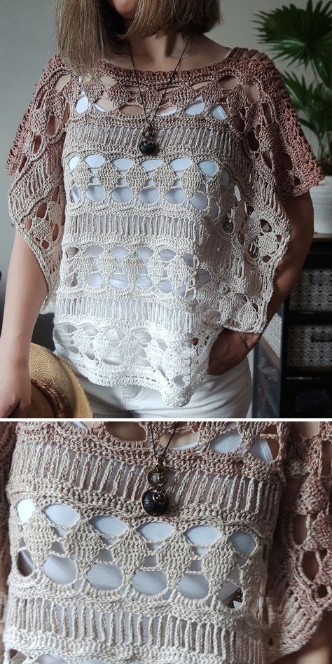 woman in crochet top Pop Top Crochet Patterns, How To Make Crochet Ruffles, Free Crochet Cover Up Pattern, Crochet Summer Poncho Free Pattern, Free Crochet Top Patterns, Hekel Patrone, Ruffle Crochet, Crochet Shirts, Crochet Blouse Free Pattern