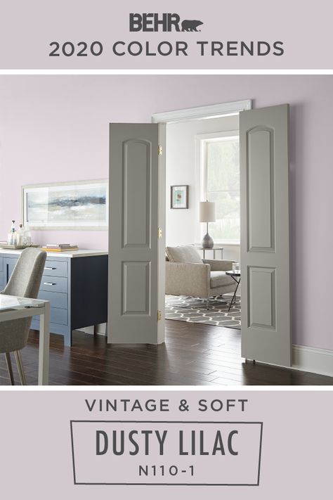 BEHR® Paint in Dusty Lilac brings a soft, vintage style to this dining room. As part of the BEHR 2020 Color Trends Palette, it also makes for a stylish addition to your own home. Click below to learn more about this pastel purple hue. Behr Purple Gray Paint Colors, Purple Gray Paint Behr, Wisteria Paint Color, Graylac Paint Color, Behr Lilac Paint Colors, Behr Light Purple Paint Colors, Light Lilac Paint Color, Behr Purple Paint Colors, Behr Purple