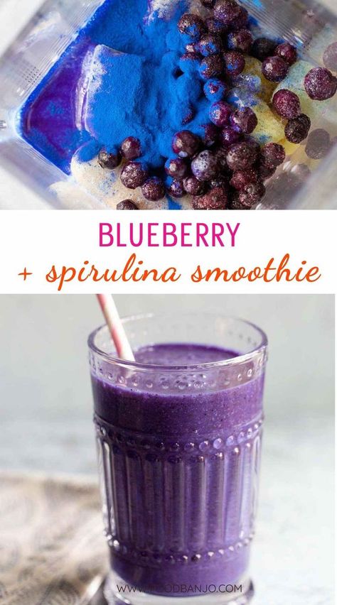 smoothie ingredients and finished blueberry smoothie Smoothie With Spirulina, Smoothies With Spirulina Powder, Spirulina Smoothie Recipes, Blue Spirulina Smoothie, Spirulina Recipes, Purple Smoothie, Smoothie Jar, Pomegranate Smoothie, Cinnamon Smoothie