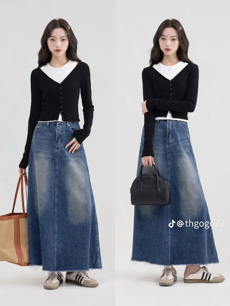 University Wardrobe, Long Denim Skirt Outfit, Japan Fits, Rok Outfit, Ootd Poses, Blue Board, Long Skirt Outfits, Long Denim Skirt, Maxi Skirt Outfits