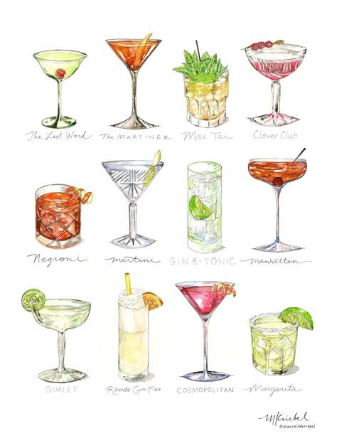 This cocktail art print features select illustrations from The Book of Cocktail Ratios, written by Michael Ruhlman. The diverse array of drinks labeled in unique hand lettering includes popular cocktails like the Manhattan and the Negroni as well as lesser-known classics such as the Martinez and the Ramos Gin Fizz. The vibrant colors and intricate details of these watercolor paintings adds a touch of elegance and fun to any space. Want to see the latest art projects and a sneak peek of what's in Drawings Of Cocktails, Cocktail Art Painting, Negroni Cocktail Illustration, Manhattan Cocktail Illustration, Watercolor Wedding Decor, Watercolor Drinks Cocktails, Watercolor Cocktail Art, Drink Art Drawing, Painted Cocktails