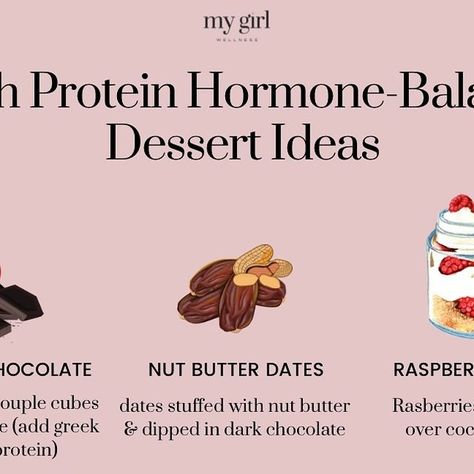 My Girl Wellness on Instagram: "Pt 4 of High Protein Hormone-Balancing Inspo: DESSERT! 🍫 Believe it or not you don’t ever have to “skip dessert” to keep things “healthy”. Here are 6 ways to satisfy that sweet tooth at any time that just also coincidentally support your hormone levels & gut microbiome. It’s a delicious win-win. (See pt. 1-3 for breakfast, lunch, dinner & snack ideas already on feed)" Cycle Health, Greek Dip, Gut Microbiome, Hormone Levels, Breakfast Lunch Dinner, Hormone Balancing, Nut Butter, Snack Ideas, Breakfast Lunch