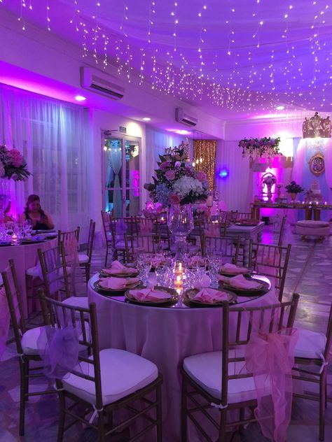 Ballroom Party Ideas, Pink And Purple Sweet 16 Decorations, Fairytail Quince Theme, Glamour Sweet 16 Theme, Sweet 16 Purple Dresses, Pink And Purple Sweet 16, Sweet 16 Party Ideas Purple, Sweet 16 Birthday Dresses, Sweet 16 Venues