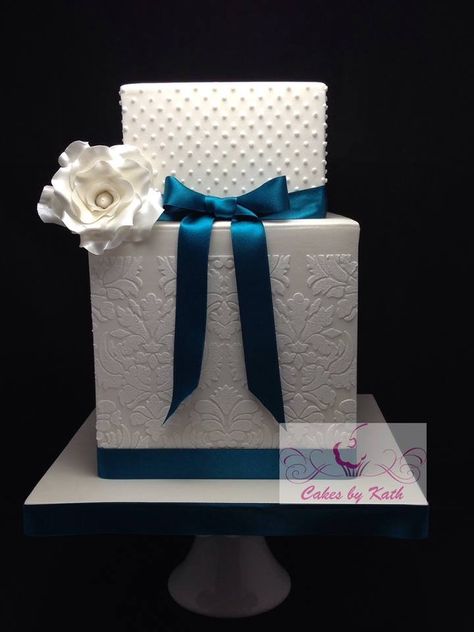 - 6"+8" double barrel damask stencil, piped dots, handmade rose. Square Shape Cake Designs, Cake Designs Blue, Double Barrel Cake, Stencil Cake, Barrel Cake, Shape Cake, Square Wedding Cakes, Damask Stencil, Cake Photos