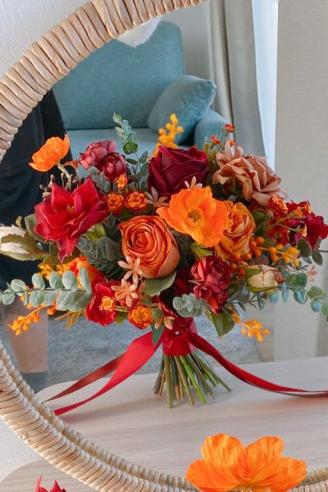 Wedding Bouquets Mexican, Mexican Style Bouquet, Red Pink Orange Wedding Bouquet, Orange And Red Wedding Bouquet, Marigold And Rose Bouquet, Spanish Style Wedding Bouquet, Red Orange White Bouquet, Orange Summer Bouquet, Orange Marigold Bouquet