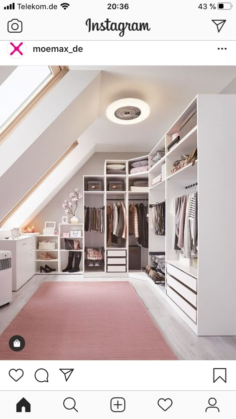 Angled Walk In Closet, Closet Under Roof, Loft Walk In Wardrobe, Room Ideas Bed, تحت الدرج, Bed In Closet Tiktok, Closet Ideas Aesthetic, Attic Wardrobe, Attic Bedroom Storage