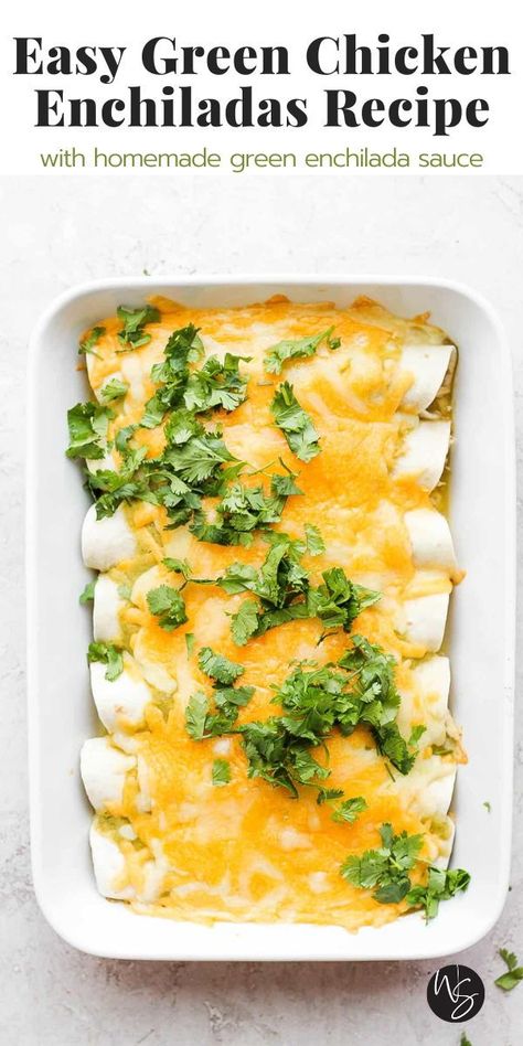 Green Chicken Enchiladas - a great weeknight recipe for green chicken enchiladas! Option to use homemade green enchilada sauce or store-bought and top them any way you like. The whole family is going to love this one! You can make this recipe gluten-free and dairy-free. You have to add these to your weekly meal plan. A great quick & easy option for weeknight dinner! Homemade Green Enchilada Sauce, Green Chicken Enchiladas, Green Chicken, Green Enchilada Sauce, Weekly Meal Plan, Enchilada Sauce, Chicken Enchiladas, My Jam, Week Meal Plan