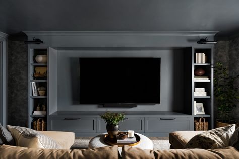 Moody Room Inspiration for Winter Styling - Studio McGee Interior Design Movie Room, Mcgee Basement Ideas, Media Room With Fireplace, Studio Mcgee Dark Room, Snug Tv Room Ideas, Basement Tv Area Ideas, Monochromatic Basement, Basement Inspo Aesthetic, Basement Tv Built In