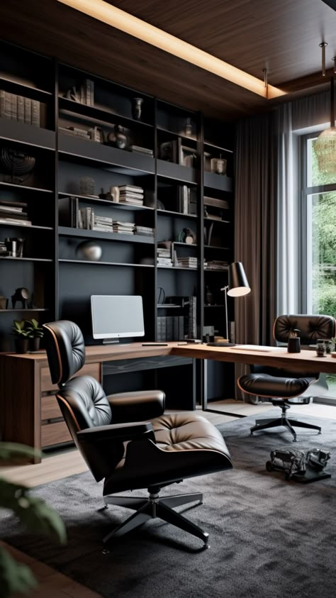 4 MODERN LUXURY : HOME OFFICE IDEAS  #homeoffice #modernchair #homedecor #affiliate #iearncommission Study Lounge Room Ideas, Black Office Design, Luxury Home Office Ideas, Male Home Office, Lawyer Office Interior, Modern Masculine Office, Dark Modern Home, Luxury Home Library, Whisky Lounge