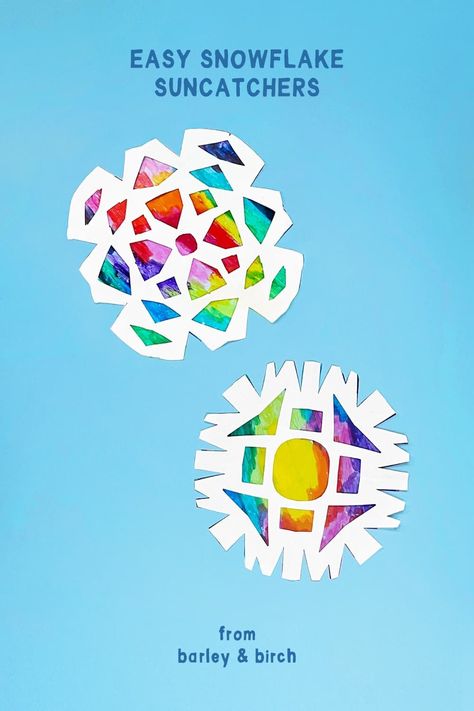 Add some colorful wintry sparkle to your windows this holiday season with this lovely (and super simple!) snowflake suncatcher craft project for kids. | from barley & birch Snowflake Suncatcher Craft, Winter Sun Catchers For Kids, Snowflake Window Art, Winter Art Project, Snowflake Suncatcher, Easy Holiday Decorations, Easy Snowflake, Christmas Paper Craft, Cardboard Christmas Tree