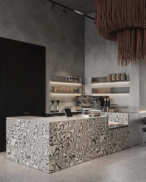 Deli Interior Design, Alpi Veneer, Black And White Restaurant, Tiled Bar, Metal Interior Design, Coffee Shop Counter, Cafe Counter, Counter Design, Coffee Shop Design