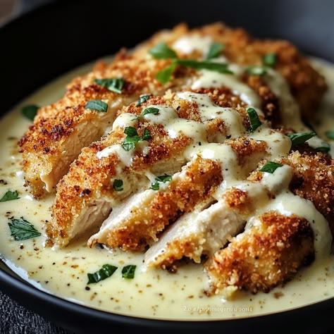 Parmesan Crusted Chicken with Alfredo - Simply Recipes - Fewer Worries, More Delight Parmesan Crusted Chicken And Creamy Garlic Sauce, Parmesan Crusted Chicken Ina Garten, Alfredo With Crispy Chicken, Noodles Parmesan Crusted Chicken, Baked Caesar Chicken With Creamy Parmesan Sauce, Chicken Parmesan White Sauce, Chicken Alfredo Parmesan Crusted Chicken, Parmesan Crusted Chicken Alfredo Pasta, Creamy Parmesan Crusted Chicken