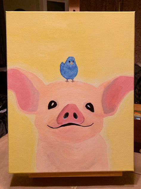 cute pig with baby blue birdie painted with acrylic paint Pig Paintings Easy, Simple Pig Painting, Funny Acrylic Paintings Easy, Cute Pig Paintings On Canvas, Cartoon Animal Paintings On Canvas, Easy Pig Paintings On Canvas, Easy Cute Aesthetic Paintings, Cute Pig Painting Easy, Acrylic Cute Painting