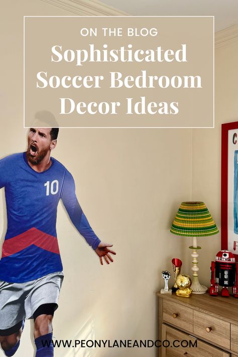 We love a soccer themed bedroom which boasts modern, vintage, AND antique touches in the decor! These ideas are very accessible and customizable including some DIY options! Soccer Bedroom Decor, Soccer Themed Bedroom, Soccer Bedroom, Themed Bedroom, Bedroom Decor Ideas, Vintage Modern, Modern Vintage, Bedroom Decor, Soccer