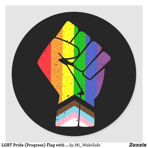 LGBT Pride (Progress) Flag with raised fist Classic Round Sticker Lgbtq Stickers, Queer Pride Flag, Progress Flag, Gilbert Baker, Cat Logo Design, Support Logo, Lgbt Humor, Gay Pride Gifts, Pride Rock