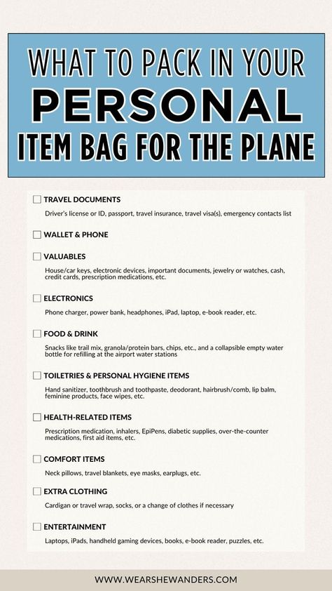 Streamline your packing with our innovative approach to what you should pack in your personal item bag for your next flight. From essential travel light tips to smart packing hacks, this guide covers everything you need for a comfortable journey. With our packing list for travel, you'll master the art of carry-on packing, ensuring you have all your necessities in one neatly organized bag. Prepare for a smoother, more enjoyable air travel experience with our expert insights. Carry On Packing List One Suitcase, What To Pack Carry On, Plane Personal Item Bag, What To Pack In Your Carry On Bag, Carry On Hacks, Bag Packing Hacks, Personal Item Bag Travel, Plane Essentials, Airplane Travel Hacks