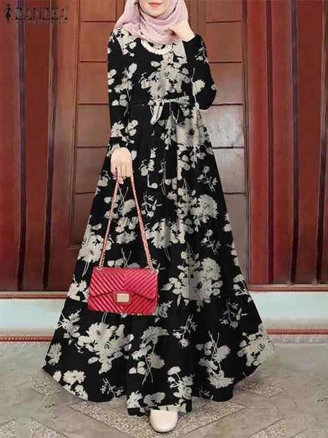 3413.42PKR 62% OFF|ZANZEA Spring Floral Printed Muslim Dress Long Sleeve Ramadan Turkey Vestidos Vintage Holiday Maxi Robe Kaftan Tunic Sundress| |   - AliExpress Long Dress Hijab, Muslim Dress Abaya, Muslim Long Dress, Abaya Online, Kaftan Tunic, Simple Hijab, Elegant Flats, Dress Muslim, Muslim Dress