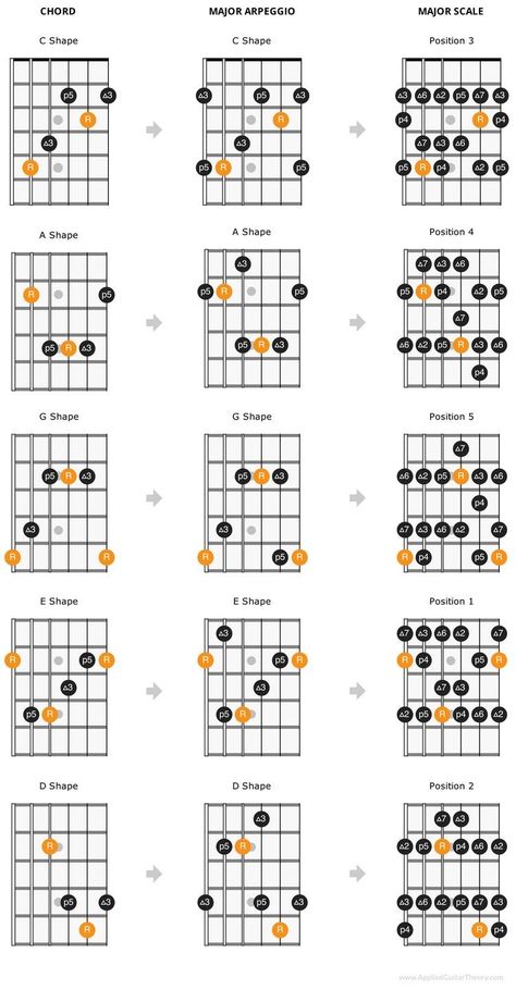 Caged System, Guitar Scales Charts, Guitar Scale, Guitar Chords And Scales, Jazz Guitar Lessons, Chords Guitar, Guitar Chord Progressions, Guitar Theory, Learning Piano