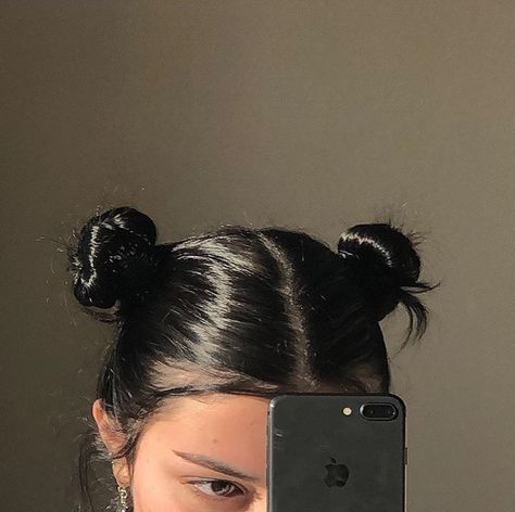 black hair tied up into two little space buns Tied Up Hairstyles, Aesthetic Pool, Black Hair Aesthetic, Bake Cakes, Beach Hairstyles Medium, Pool Hairstyles, Hair Stylies, Penteado Cabelo Curto, Beach Hair