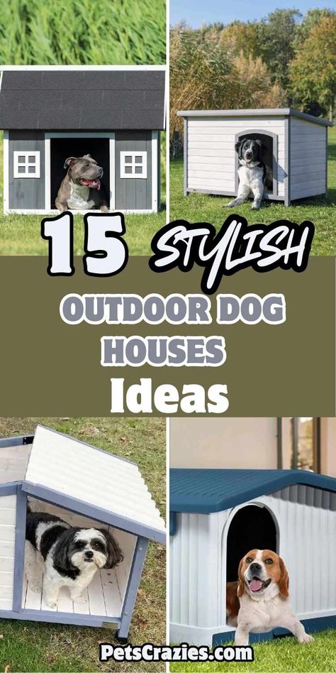 Image featuring four stylish outdoor dog house ideas with the text '15 Stylish Outdoor Dog Houses Ideas.' Each photo showcases different designs, from modern cabins to classic cottages, providing comfort and style for dogs. The theme highlights pet-friendly outdoor spaces that blend functionality and aesthetic appeal, ideal for keeping dogs comfortable in any weather. Outdoor Dog House Ideas, Outdoor Dog Houses, Dog House Ideas, Custom Dog Houses, Outdoor Dog House, Houses Ideas, Outdoor Dog, Dog Houses, Dog House