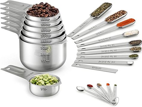 Wildone Measuring Cups & Spoons Set of 21 - Includes 7 Stainless Steel Nesting Measuring Cups, 8 Measuring Spoons, 1 Leveler & 5 Mini Measuring Spoons, Ideal for Dry and Liquid Ingredients