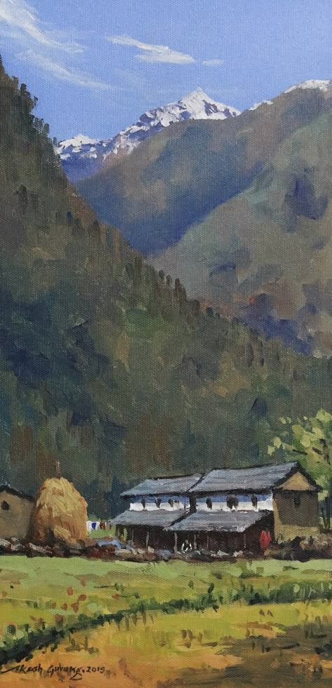 #acrylic #landscape #painting #pokhara #nepal #typical #nepali #house #mountain #hills #akash #gurung #art Nepal Village House, Nepali Landscape Painting, Nepal Landscape Painting, Nepali Art Paintings, Nepal Art Painting, Nepali Drawing, Land Scape Paintings Acrylics, Pokhara Nepal Photography, Nepal Drawing