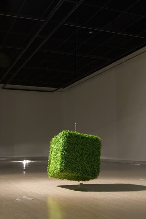 Byoungho Kim: Floating Land, 2005. Artificial lawn, stainless steel, magnet, 55 x 55 x 55 cm. Floating Land, Artificial Lawn, Digital Museum, Landscape Architecture Design, Action Painting, Sculpture Installation, Land Art, Public Art, Art Object