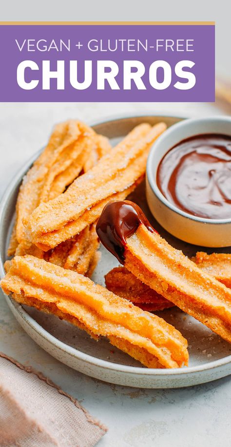 Vegan Gluten-Free Churros Vegan Churros, Gluten Free Churros, Chocolate Dipping Sauce, Gluten Free Grains, Dinner Entrees, Foods With Gluten, Unsweetened Almond Milk, Sem Lactose, Vegan Sweets