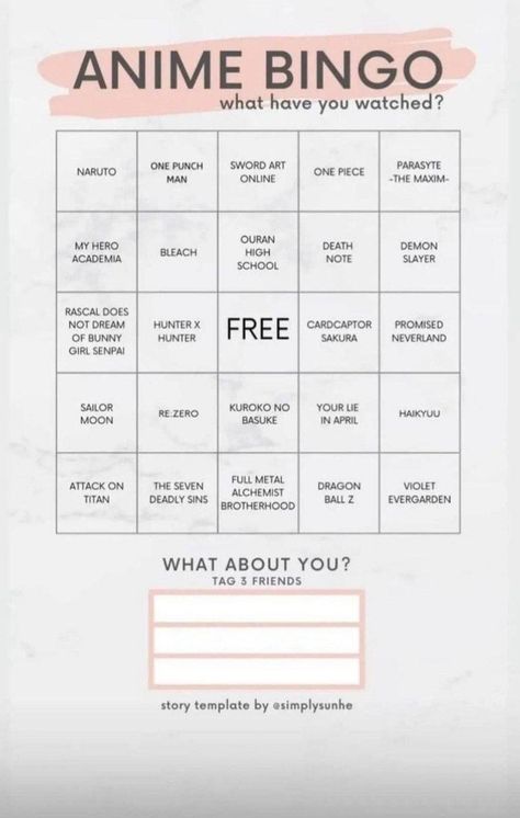 Anime Bingo, Movie Journaling, Movie Challenge, Anime Club, Oc Base, Club Ideas, Pinterest Templates, Story Games, Anime Fandom