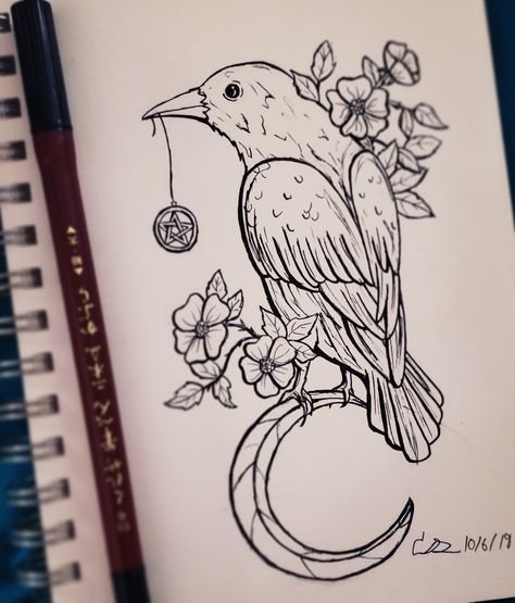 Crow And Crystal Tattoo, Witchy Raven Tattoo Ideas, Wiccan Art Drawing, Witchy Bird Tattoo, Witchy Flowers Drawing, Pentacle Drawing, Pagan Drawings, Witchcraft Art Drawing, Witchy Sketchbook