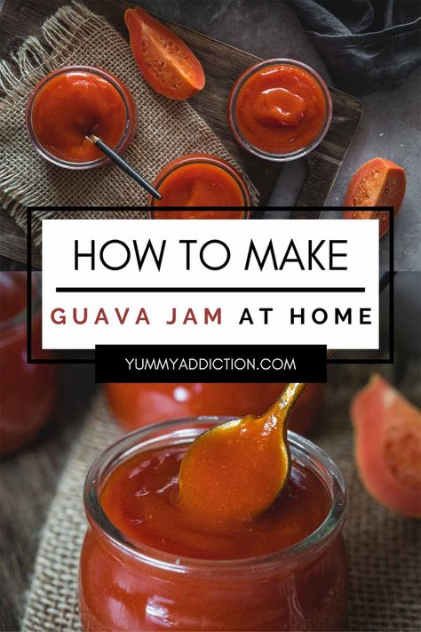 Sweet and tropical guava jam is a delicious way to preserve fresh guava flavor to enjoy as a condiment or spread. This easy stovetop recipe will yield 6 beautiful jars of jam for you to enjoy and share. #guava #condiment #jam #homemade #tropical Guava Butter Recipe, Strawberry Guava Jam, Guava Syrup Recipe, Guava Sauce Recipe, Guava Scones, Guava Jelly Recipe, Guava Jam Recipe Without Pectin, Strawberry Guava Recipes, Guava Preserves Recipe