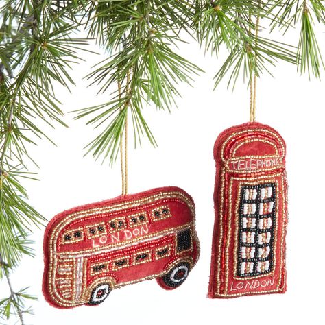 Beaded Velvet London Icon Ornaments Set of 2 - World Market London Ornaments, Wool Applique Quilts, Christmas Fair Ideas, London Theme, London Icons, Embroidery Ornaments, Rugs Outdoor, Childhood Characters, Holiday World