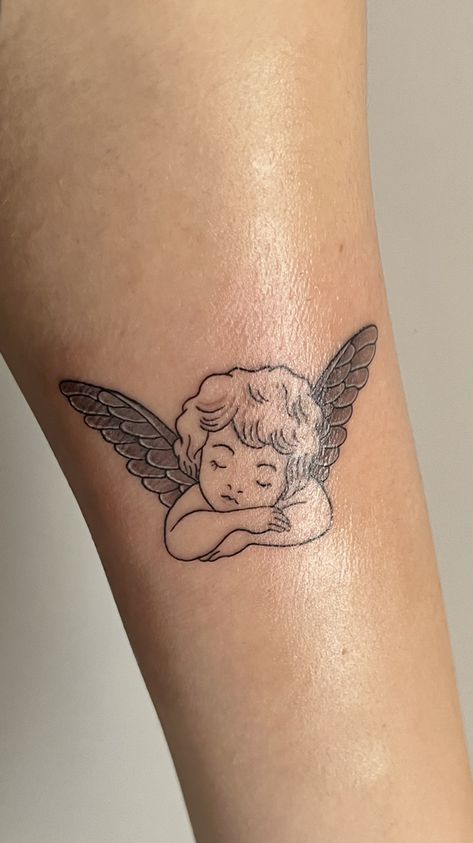 Girl Angel Tattoo, Cherub Tattoos, Reflection Tattoo, Charming Tattoo, Baby Angel Tattoo, Cherub Tattoo, Peaceful Vibes, Cute Tats, Upper Arm Tattoos