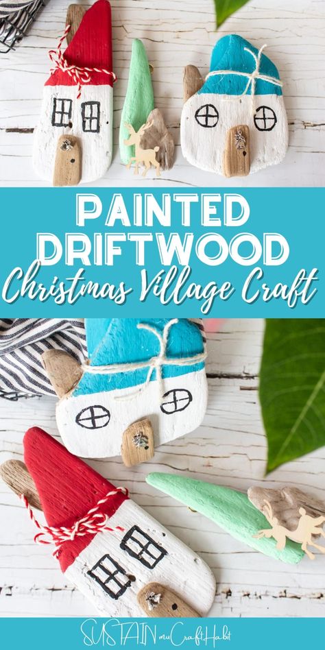 Drift Wood Ideas Diy Projects, Driftwood Crafts Christmas, Seaside Crafts, Driftwood Christmas, Diy Driftwood, Driftwood Christmas Tree, Beach Inspired Decor, Painted Driftwood, Wooden Reindeer