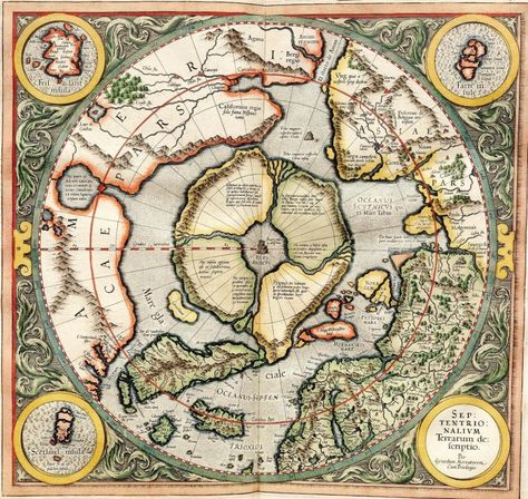 mercator_north_pole_1595 North Pole Map, Hollow Earth, Pole Nord, Earth Map, Ancient Maps, Old World Maps, Alternate History, Old Maps, Fantasy Map