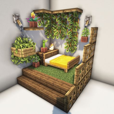 Easy Minecraft Bedroom Ideas, Loft Bedroom Minecraft, Minecraft Bedroom Ideas Survival, Minecraft Bedrooms In Game, Nature Bedroom Minecraft, Bed Minecraft Ideas Aesthetic, 3 Bedroom Minecraft House, Small Bed Minecraft, Tiny Kitchen Minecraft