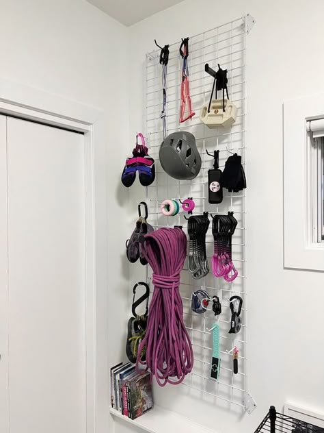 Garage Climbing Gym, Climbing Gear Storage Ideas, Climbing Storage Ideas, Outdoor Gear Storage Ideas, Climbing Gear Rack, Climbing Gear Organization, Climbing Gear Storage, Gear Room Ideas, Climbing Storage